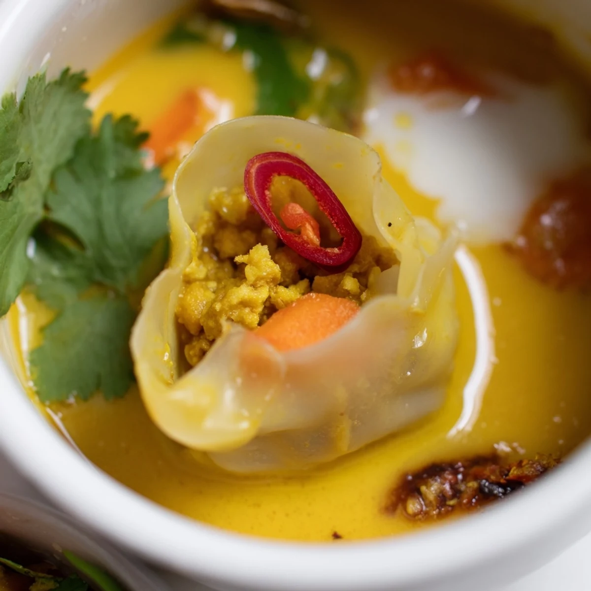 Bowl of steaming Yellow Thai Curry Dumpling Soup featuring plump dumplings, julienned carrots, and red bell peppers swimming in aromatic golden broth.