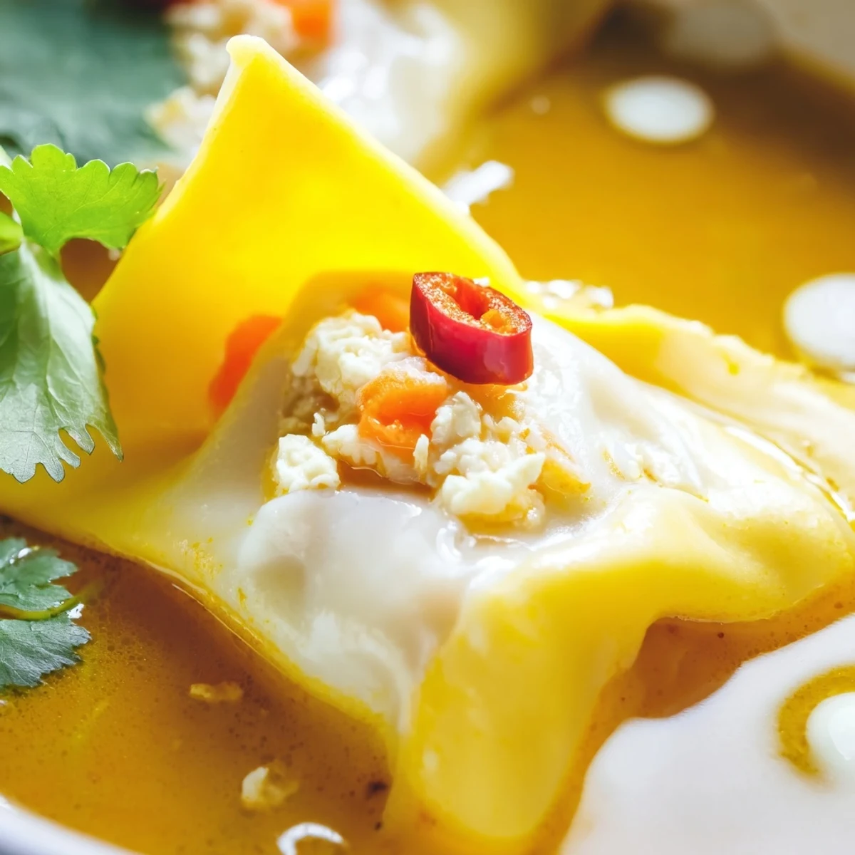 A close-up of Yellow Thai Curry Dumpling Soup with tender tofu-filled dumplings in a fragrant yellow coconut broth, garnished with cilantro and lime.