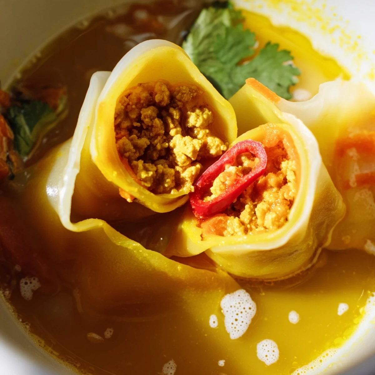 Yellow Thai Curry Dumpling Soup served hot in a rustic bowl, garnished with lime wedges, fresh cilantro, and optional red chili slices.