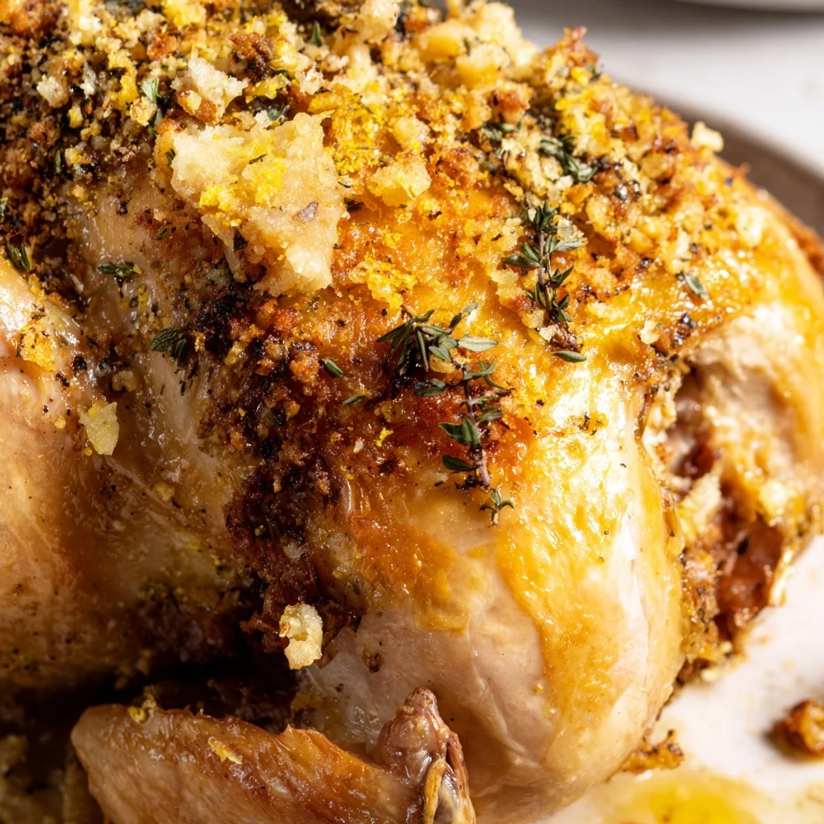 Golden-brown BBQ Roast Lemon and Oregano Chicken fresh off the grill, resting on a platter with char marks and lemon wedges.