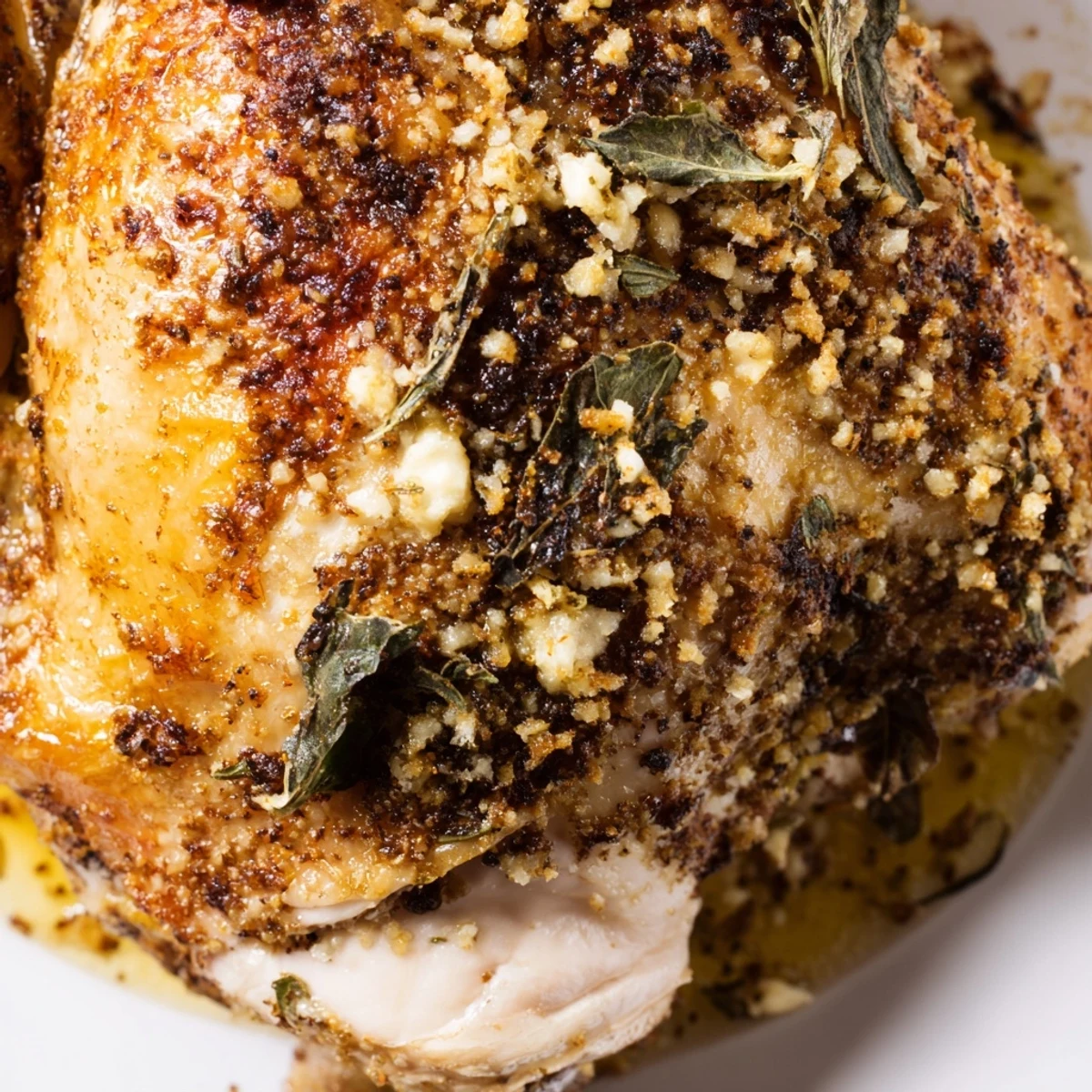 Moist roasted chicken marinated in lemon and oregano, showing crispy skin and juicy meat, perfect for a summer barbecue meal.