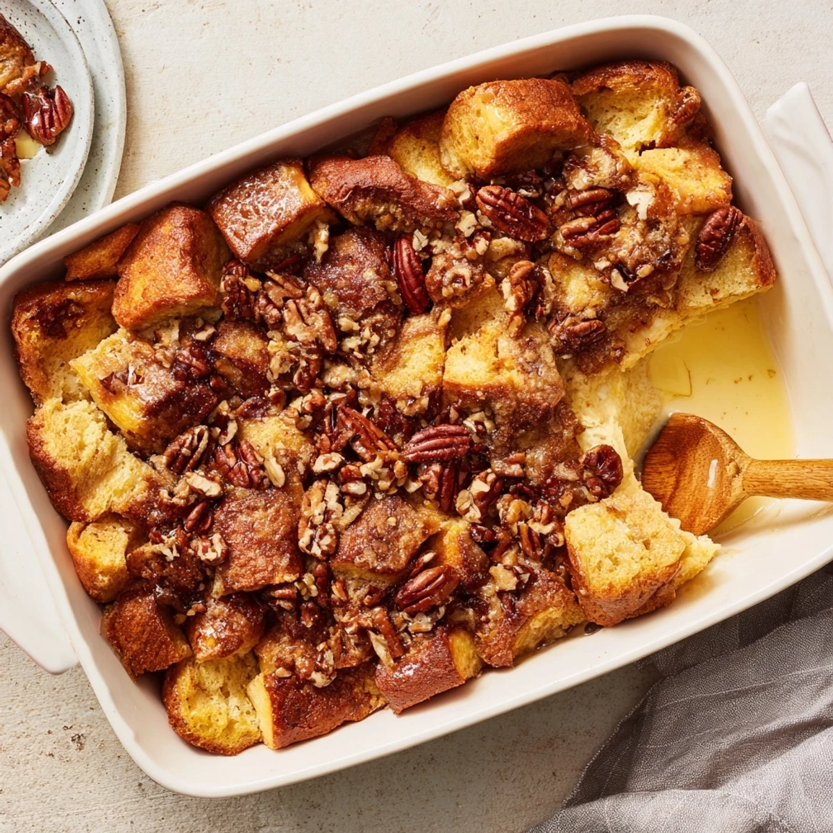Golden-brown French Toast Casserole slices on a plate, ready to serve with maple syrup.