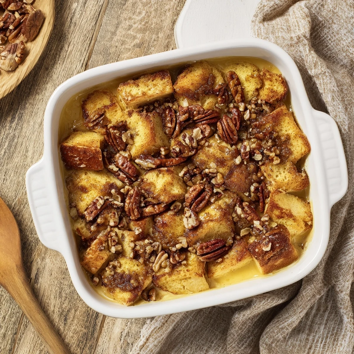 Fresh berries and powdered sugar top a serving of French Toast Casserole on a table.