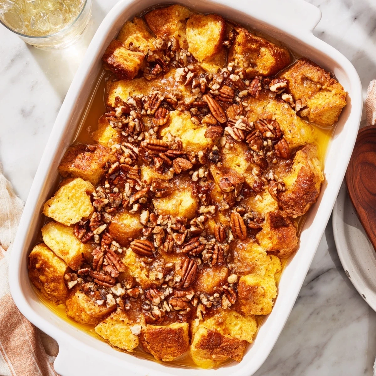 Warm French Toast Casserole bubbles with cinnamon and vanilla from a 9x13 baking dish.