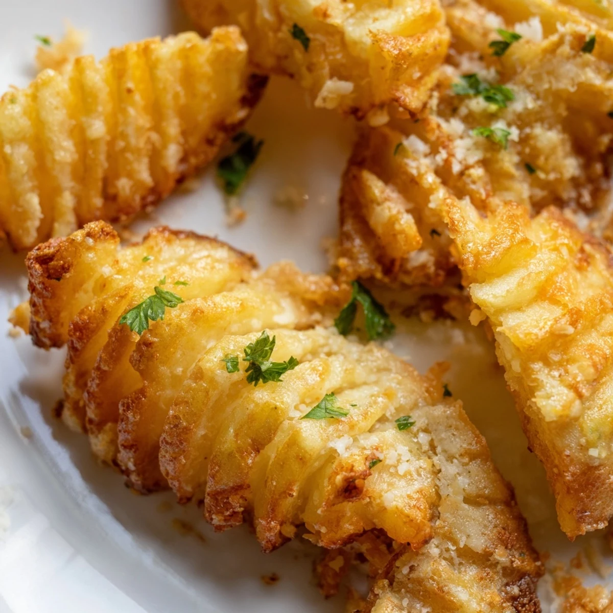 A close-up view of Crispy Mashed Potato Fries, garnished with fresh parsley and grated Parmesan, ready to dip.