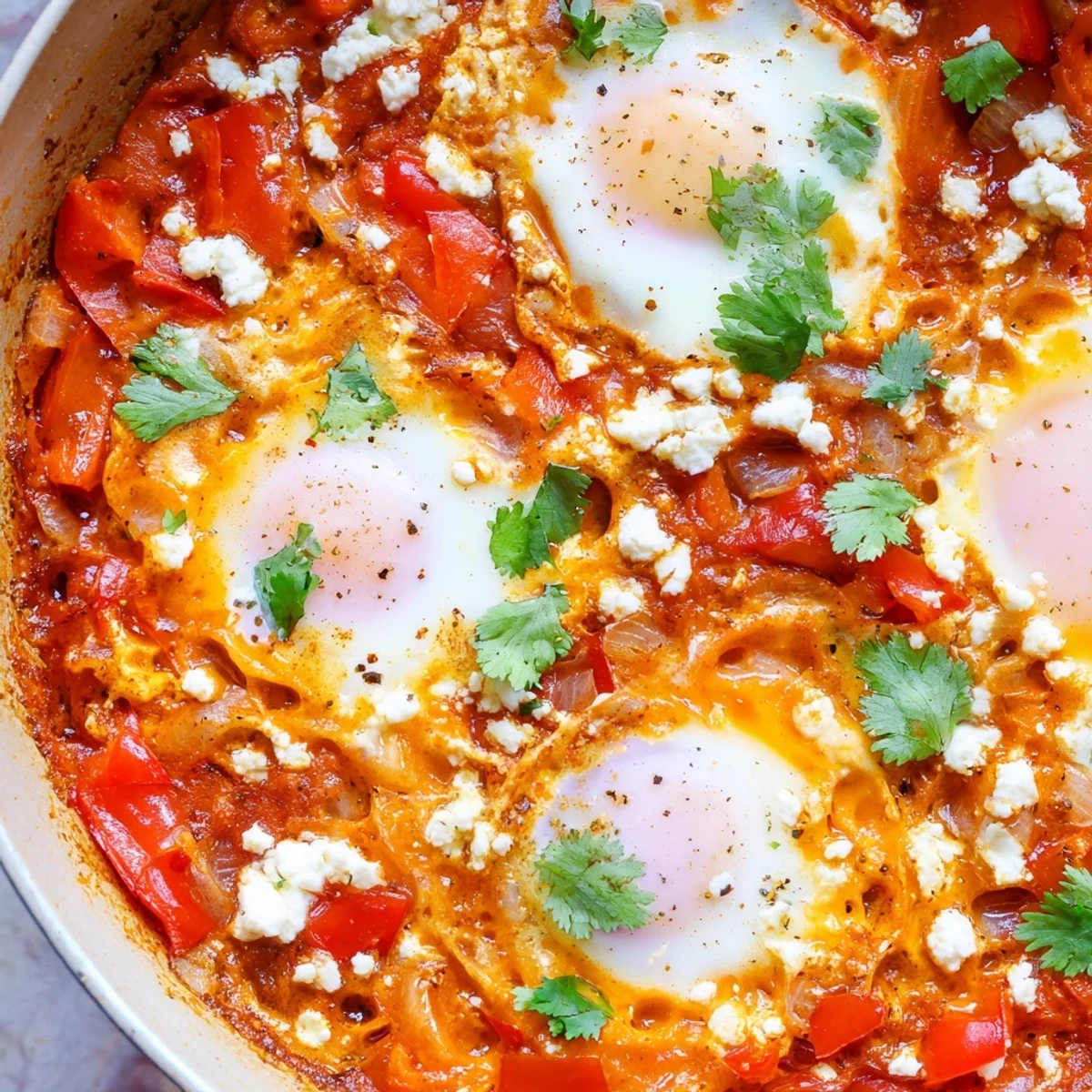 Spicy tomato and pepper sauce simmering in a skillet for Quick Shakshuka Eggs with runny yolks.