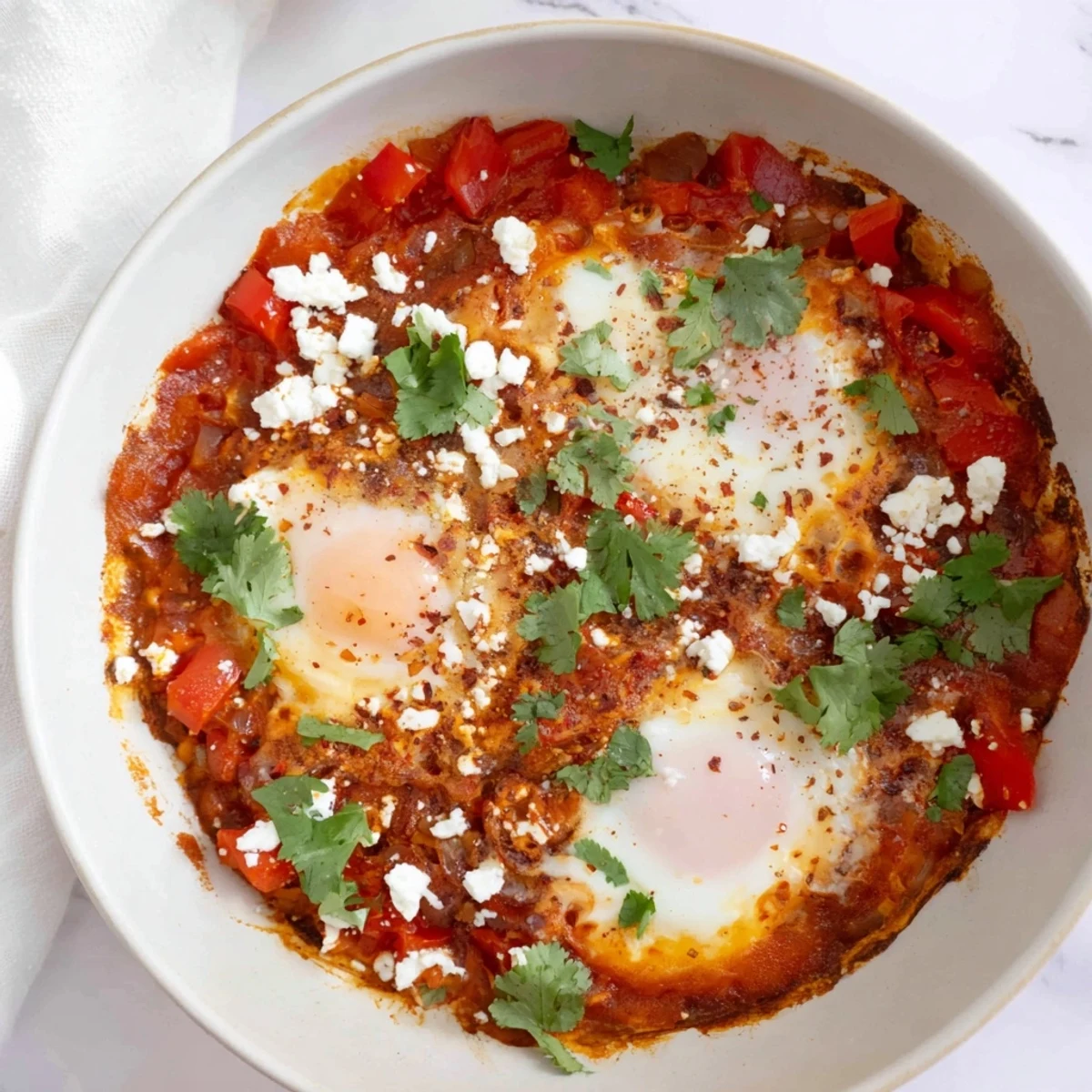 Sizzling Quick Shakshuka Eggs served with warm crusty bread for dipping into the rich sauce.