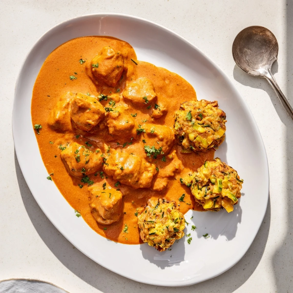 Steaming bowl of Butter Chicken and Vegetable Fritters garnished with fresh coriander leaves.