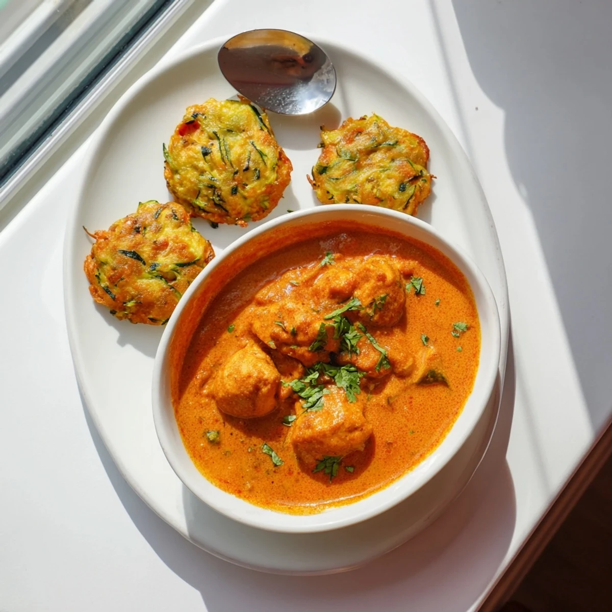 Golden vegetable fritters topped with creamy Butter Chicken for an indulgent American dinner.