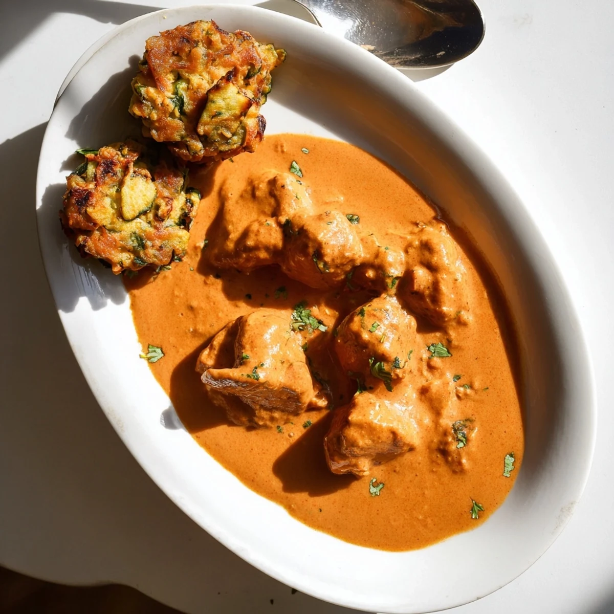 Butter Chicken and Vegetable Fritters plated next to a glass of water for a complete dinner.