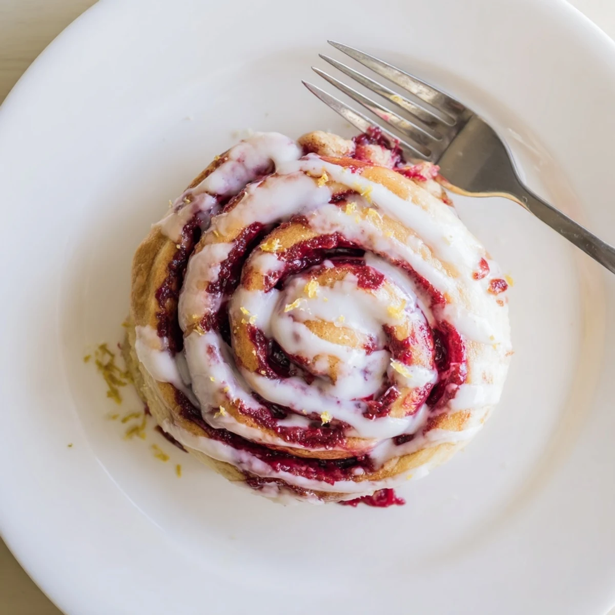 Freshly baked Raspberry Cinnamon Rolls With Lemon Glaze on a white ceramic plate with scattered raspberries.