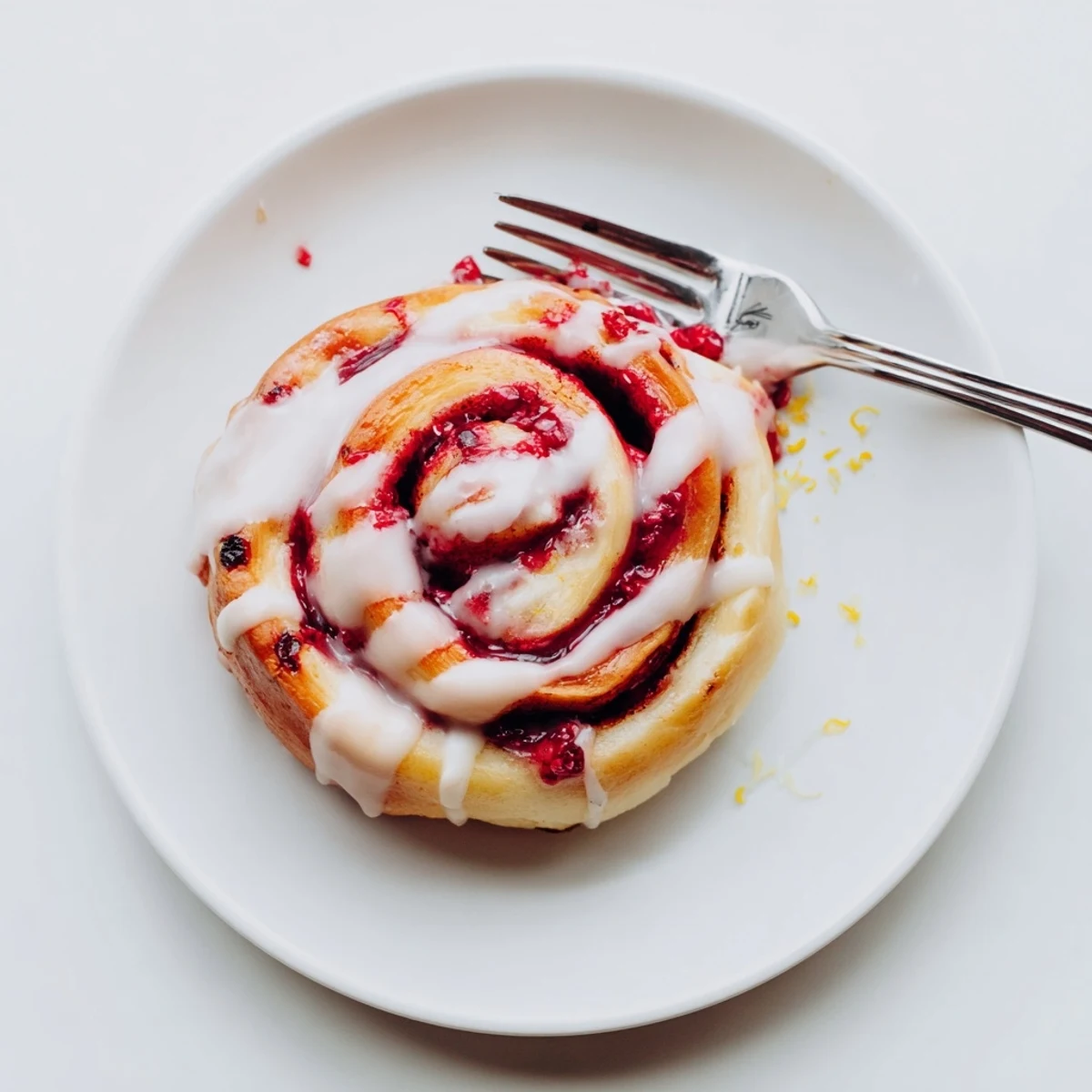 Golden Raspberry Cinnamon Rolls With Lemon Glaze drizzled with icing on a rustic wooden table.