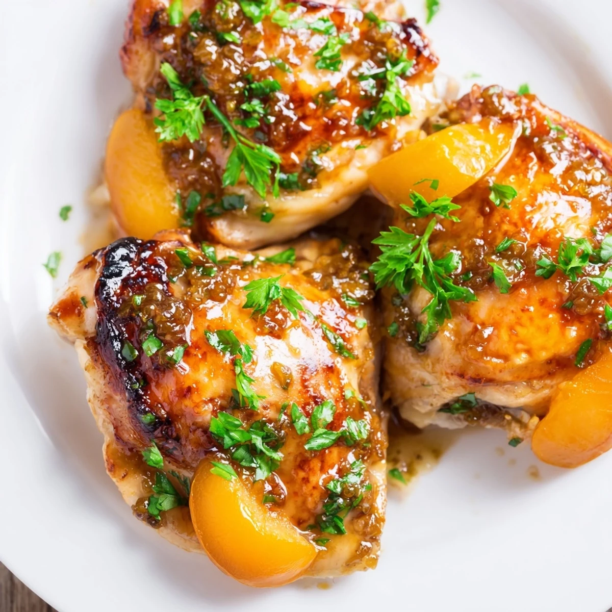 Golden-brown Classic Apricot Chicken breasts in a rich apricot glaze, served hot on a plate with colorful steamed vegetables.