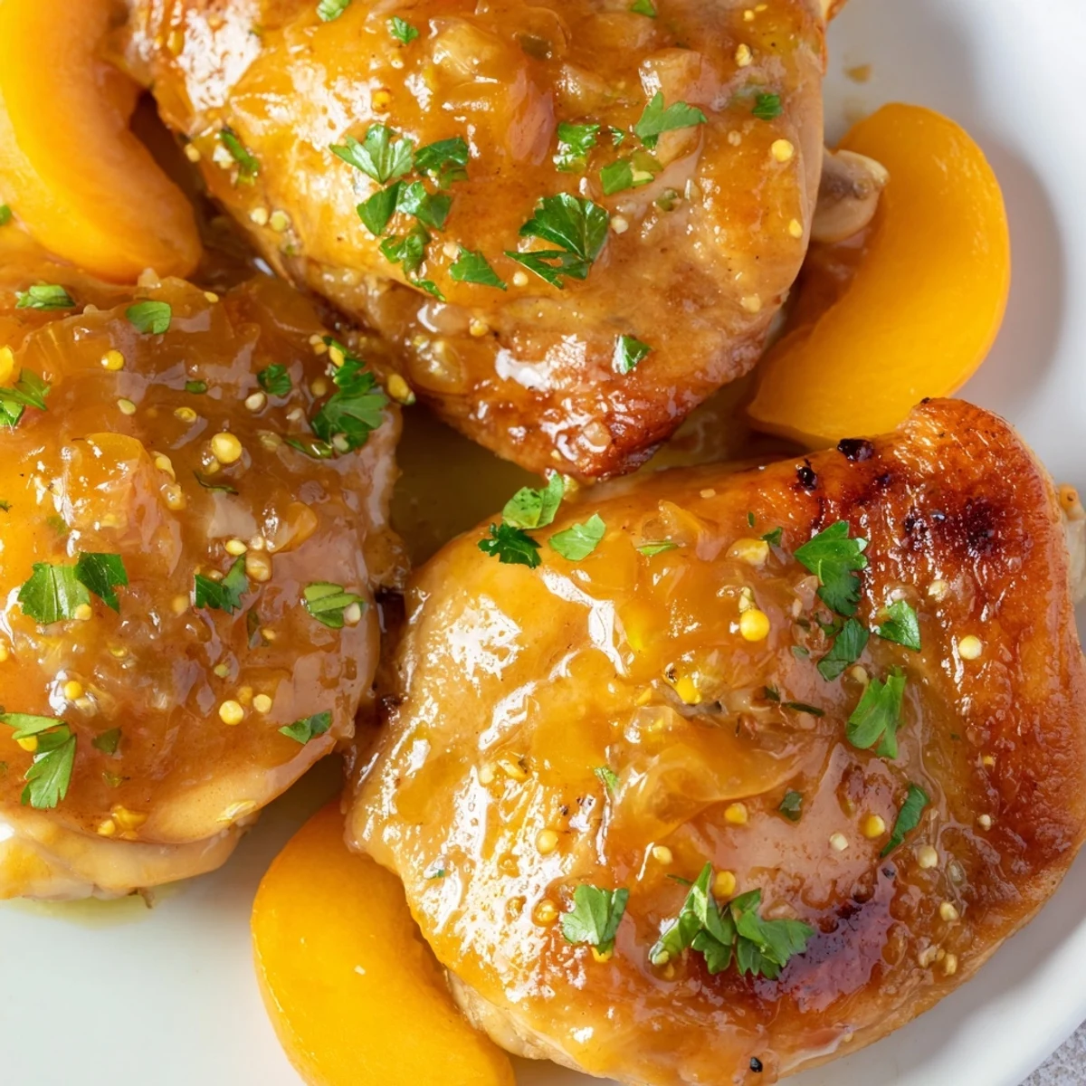 A close-up of Classic Apricot Chicken garnished with fresh parsley, simmering in a glossy apricot sauce beside fluffy white rice.