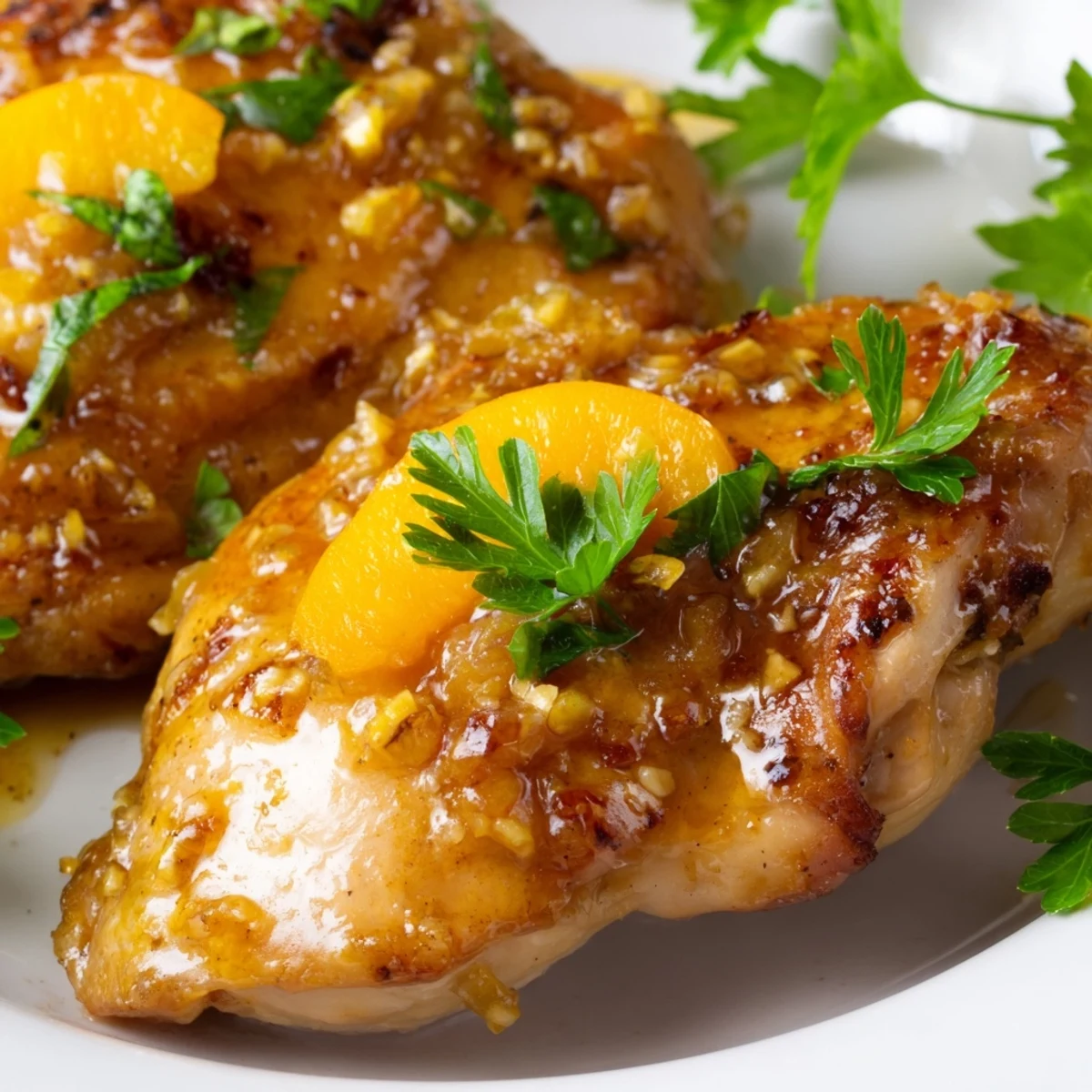 Family-style Classic Apricot Chicken dish featuring tender chicken in sweet-tangy apricot sauce, ready to serve at a cozy dinner table.