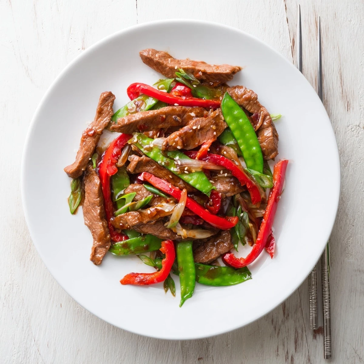 Tender beef and crisp snow peas in a glossy oyster sauce stir-fry, served over fluffy jasmine rice.