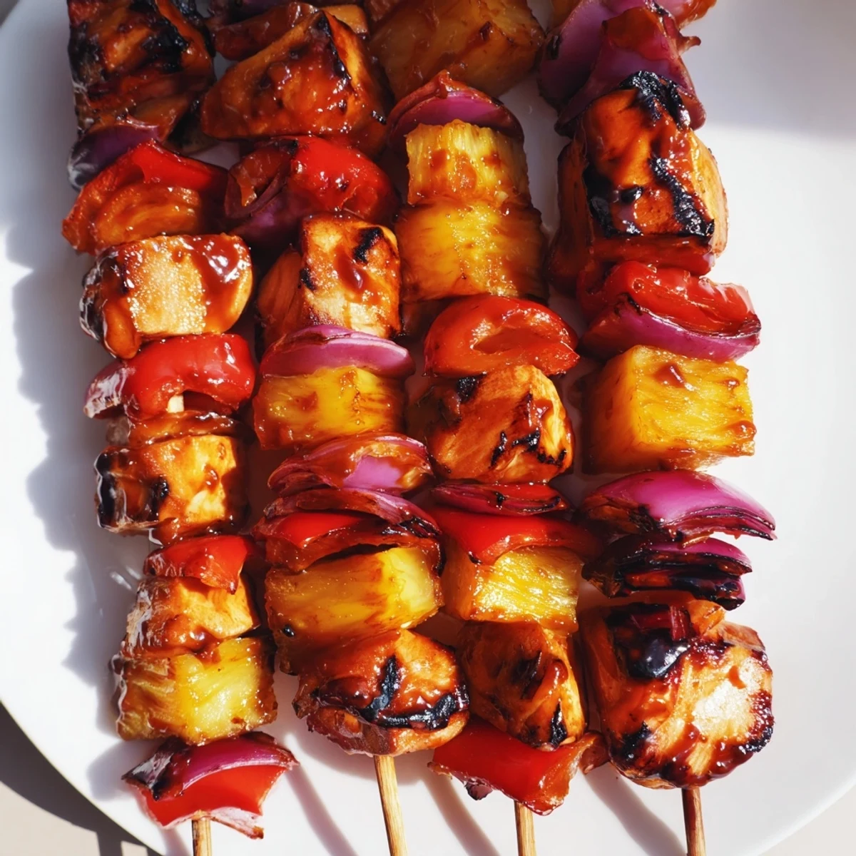 Close-up of grilled Chicken and Pineapple BBQ Skewers with charred edges and glistening sauce on a rustic plate.
