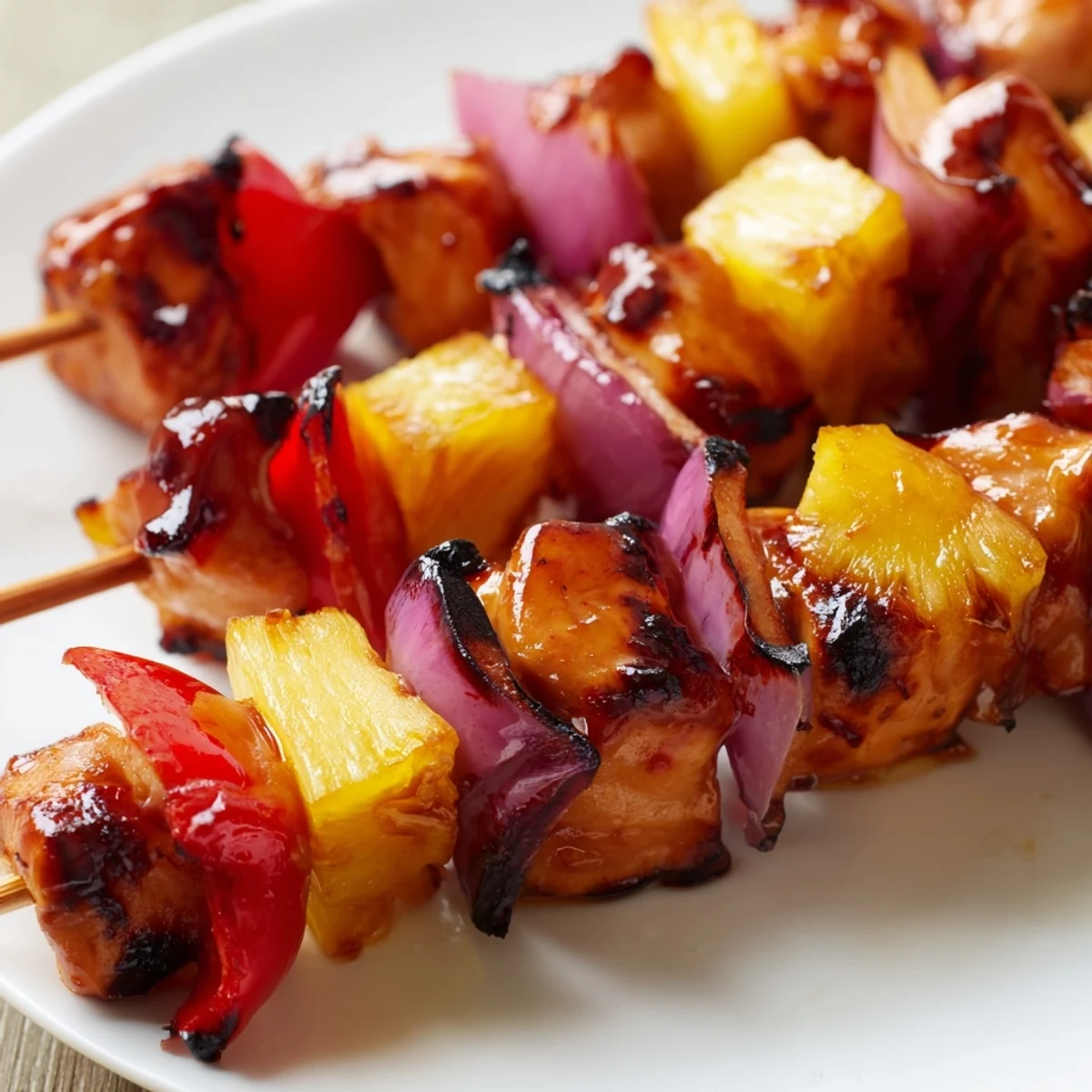 Skewers of Chicken and Pineapple BBQ Skewers sizzling on a grill with smoke rising and vegetables charring.