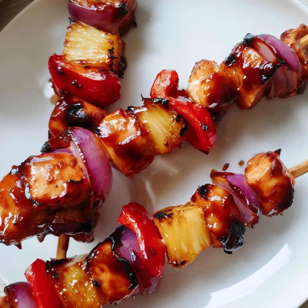 Vibrant Chicken and Pineapple BBQ Skewers served on a white platter with lime wedges and fresh herbs.