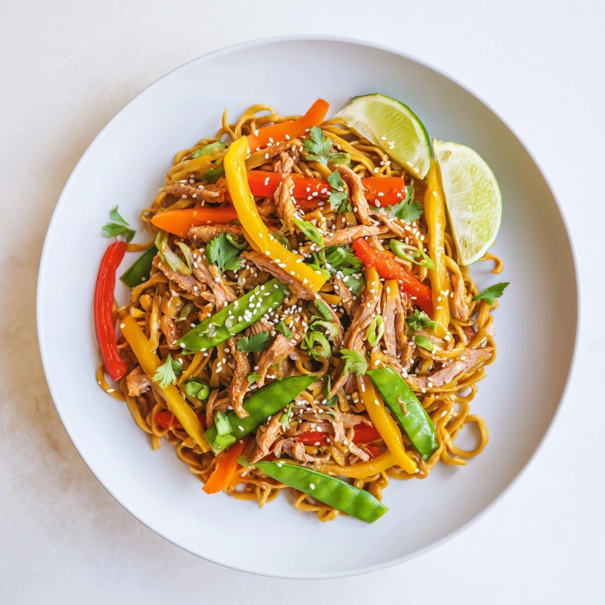 Sweet Chilli Turkey Noodle Stir Fry served hot with sesame seeds and coriander garnish on a wooden table.