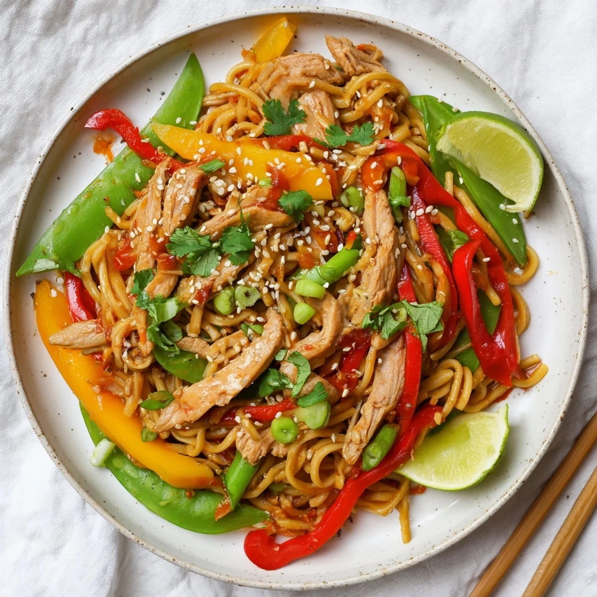 A close-up of Sweet Chilli Turkey Noodle Stir Fry with turkey, peppers, and lime wedges on a plate.