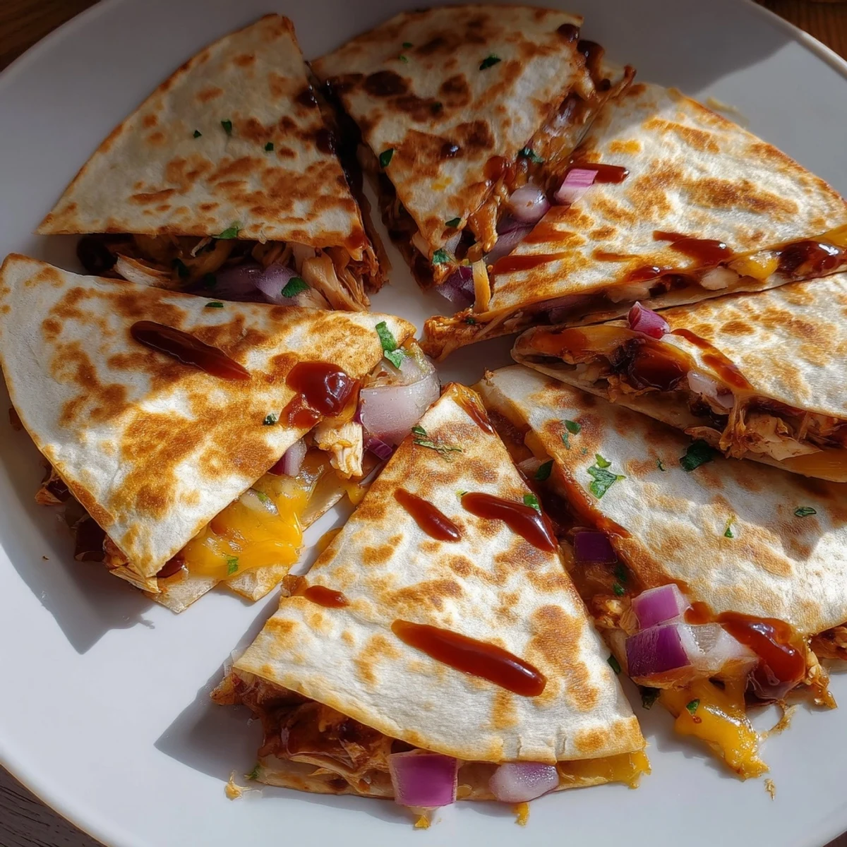 Golden-brown Hot Honey BBQ Chicken Quesadillas with melted cheese and fresh cilantro garnish.