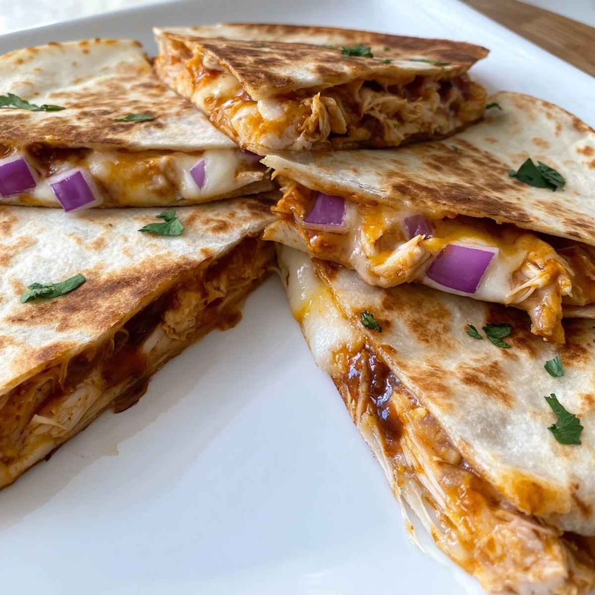 Close-up of Hot Honey BBQ Chicken Quesadillas revealing shredded chicken and gooey melted cheese.