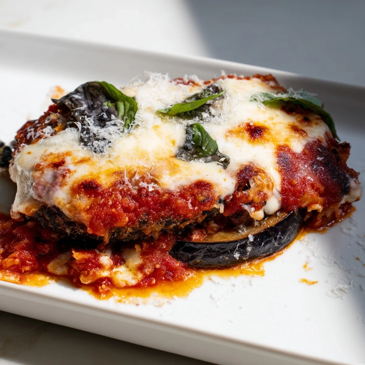 Close-up of Charred Aubergine Parmigiana, showing smoky eggplant layers with bubbling mozzarella and golden Parmesan topping.