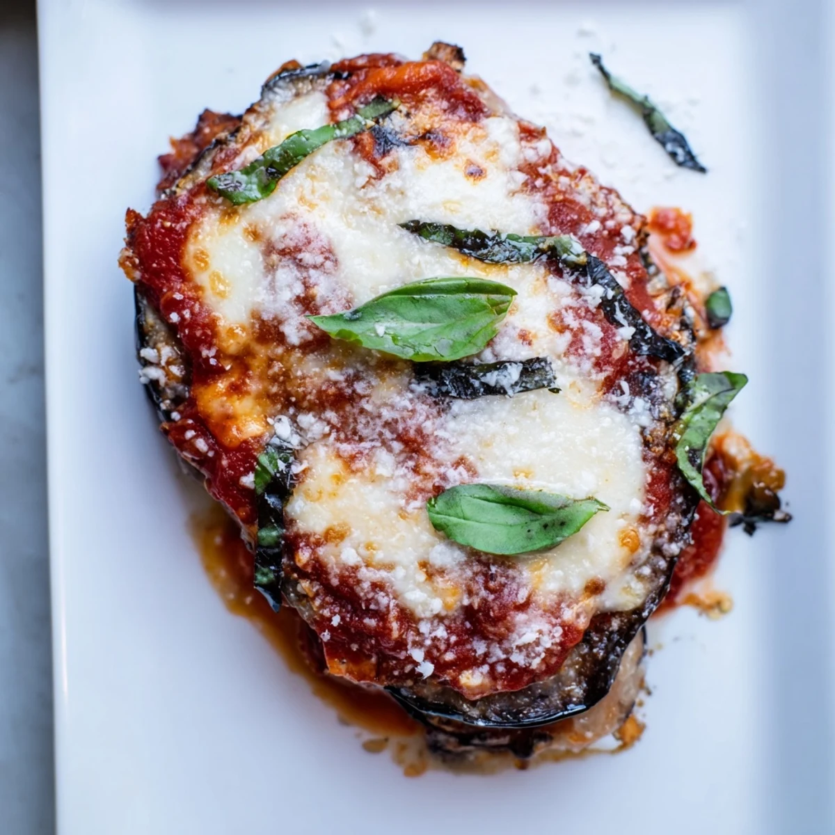 Golden-brown Charred Aubergine Parmigiana with visible tomato sauce layers, melted cheese, and a char-grilled eggplant texture.