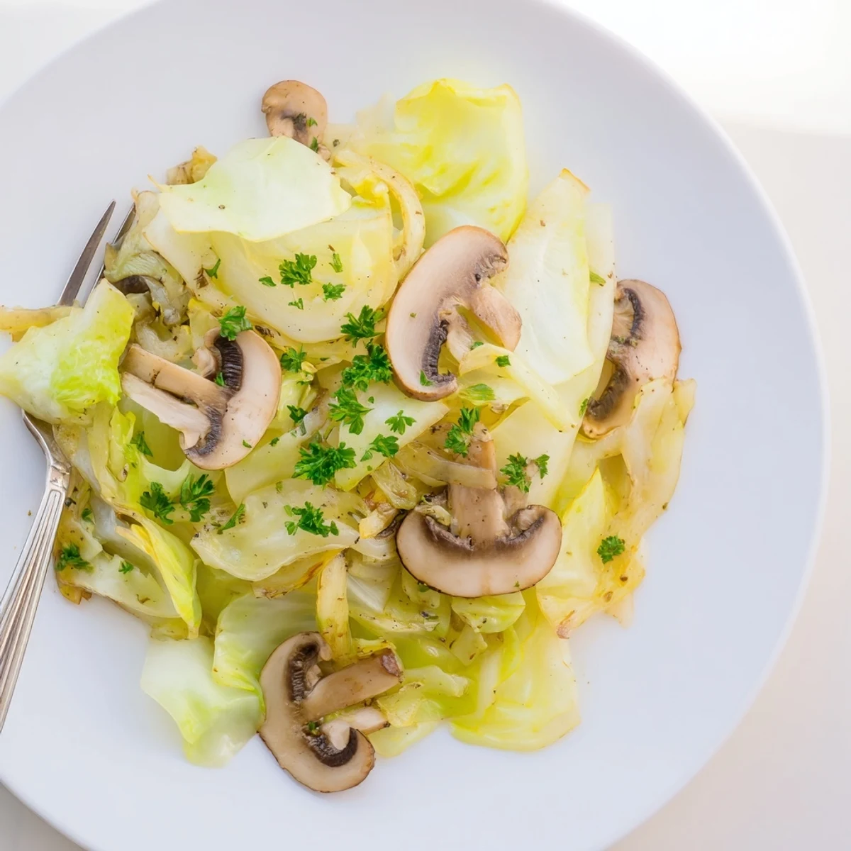 A vibrant sauté pan filled with Vegetarian Cabbage Mushroom Sauté, featuring caramelized onions and glistening olive oil, ready to serve as a light dinner.