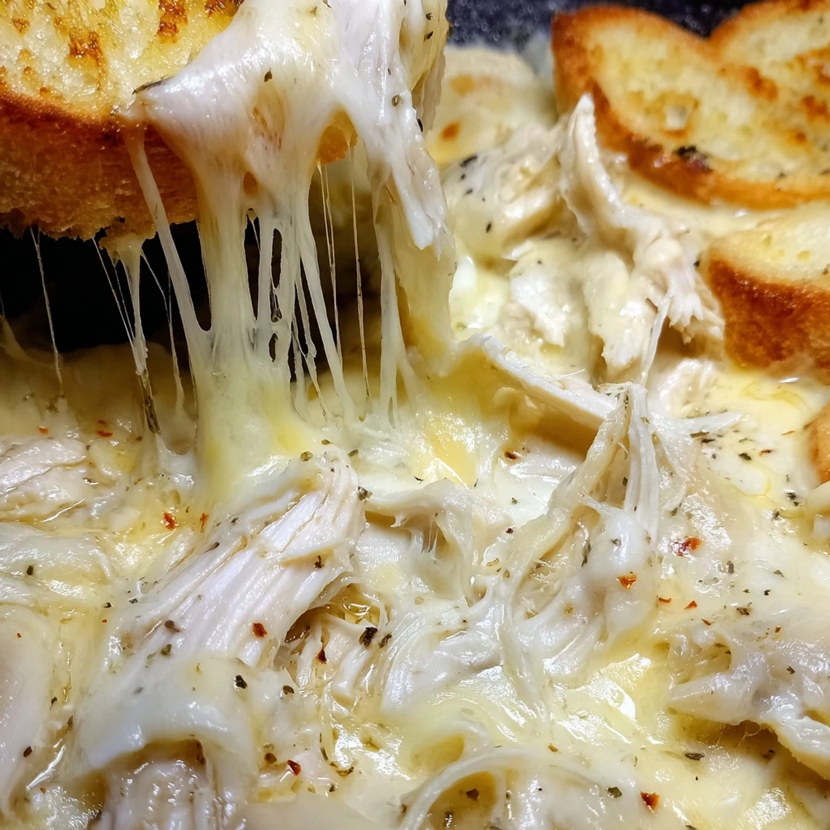 Golden melted mozzarella and provolone cheese blankets a warm Viral Chicken Alfredo Garlic Bread, ready to slice.