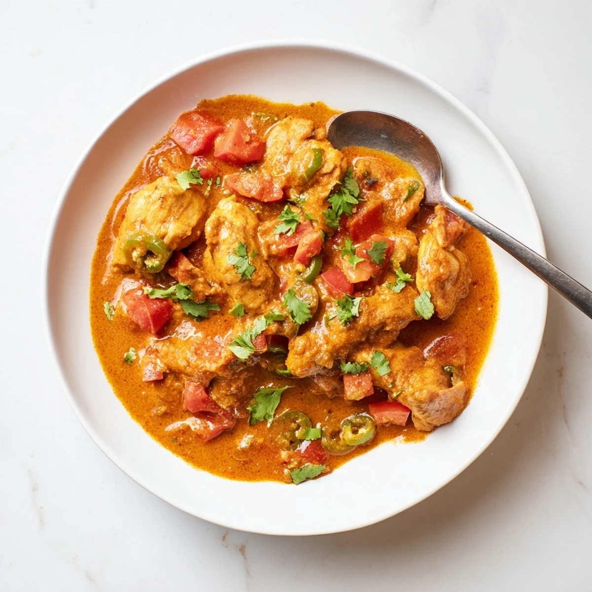 A close-up of Spiced Chicken Curry with Ginger, Garlic & Jalapeño simmering in a rich, golden sauce.