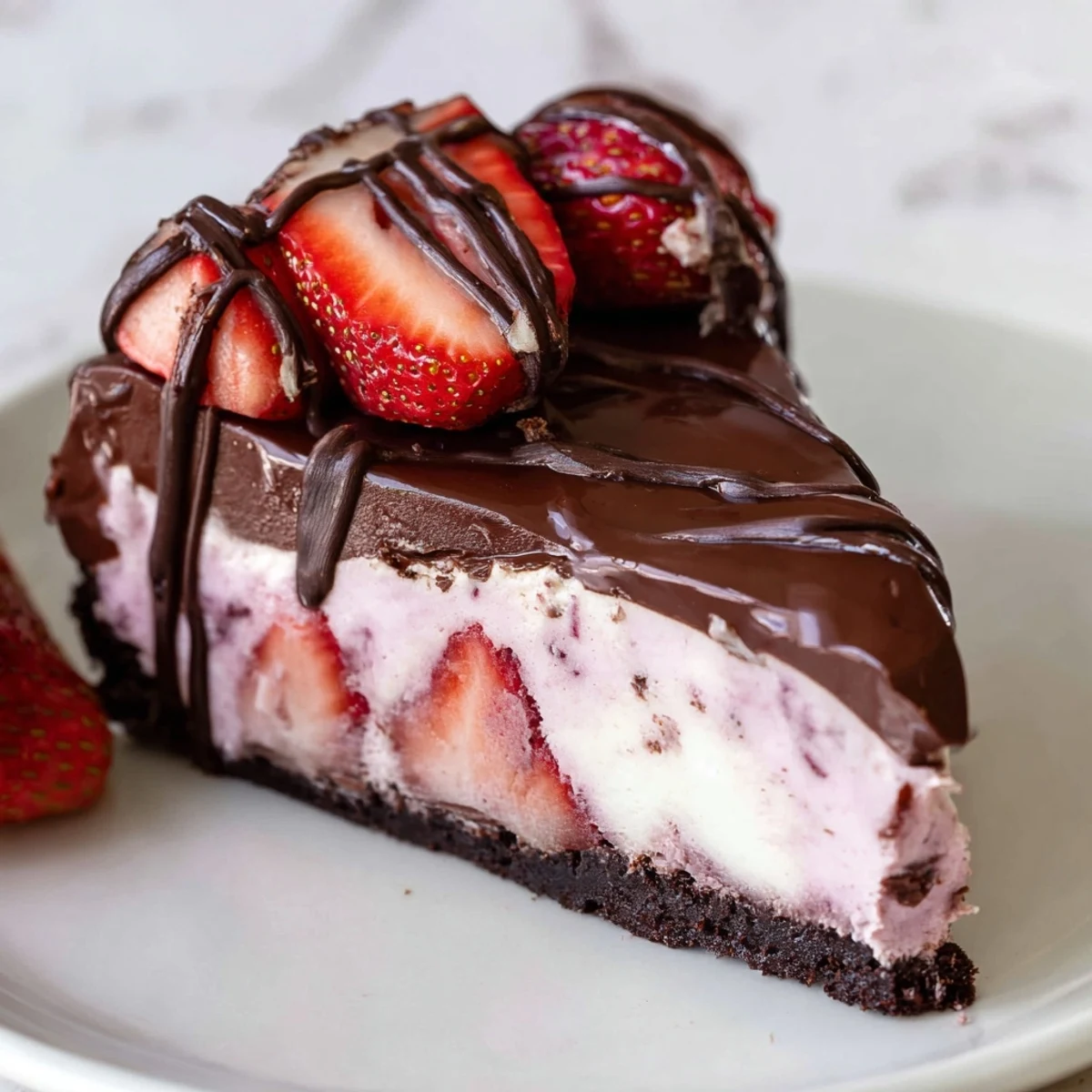 Rich Chocolate Covered Strawberry Cheesecake with fresh strawberry halves and a dark chocolate drizzle on a white plate.