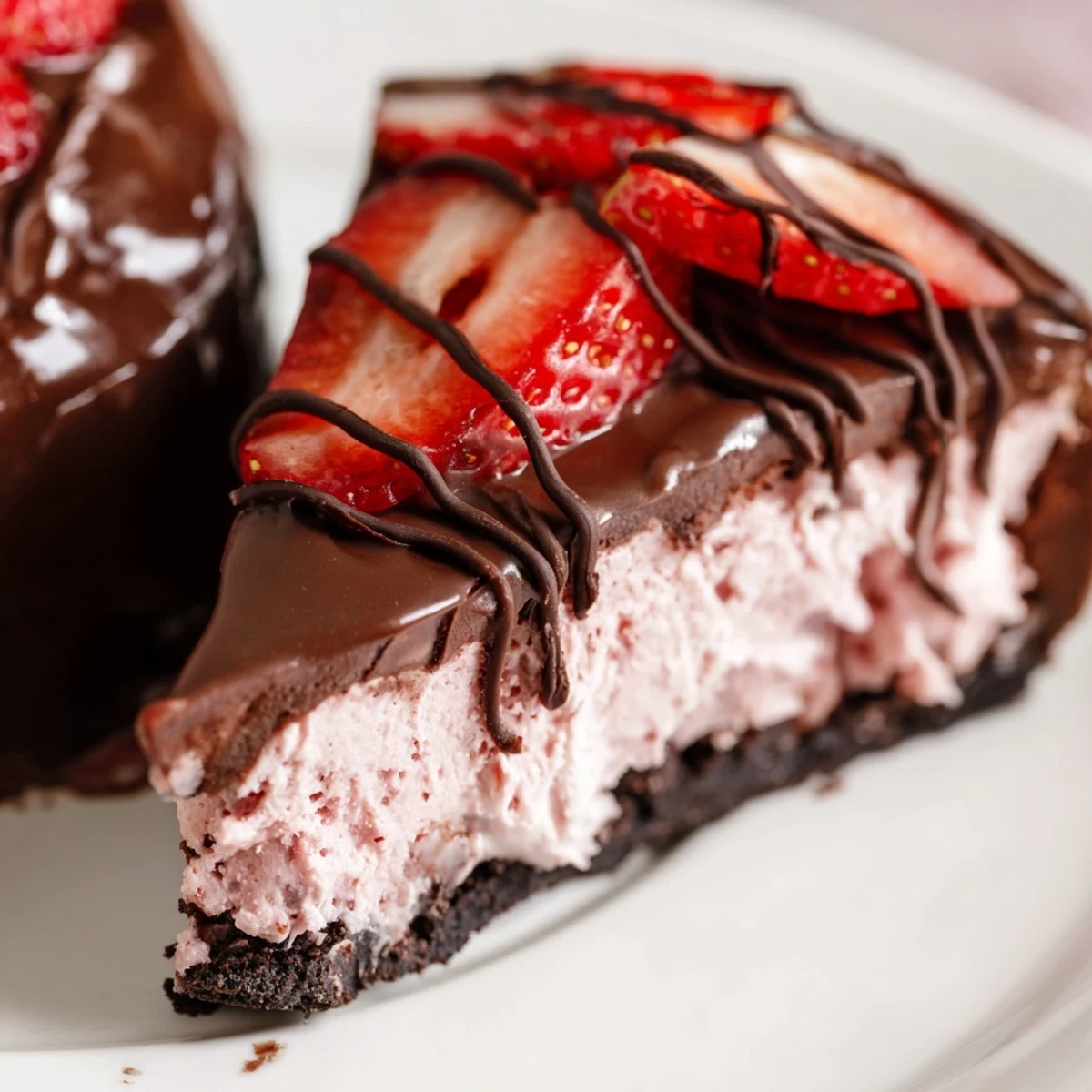 A slice of Chocolate Covered Strawberry Cheesecake shows its creamy strawberry filling and chocolate ganache on a chocolate cookie crust.