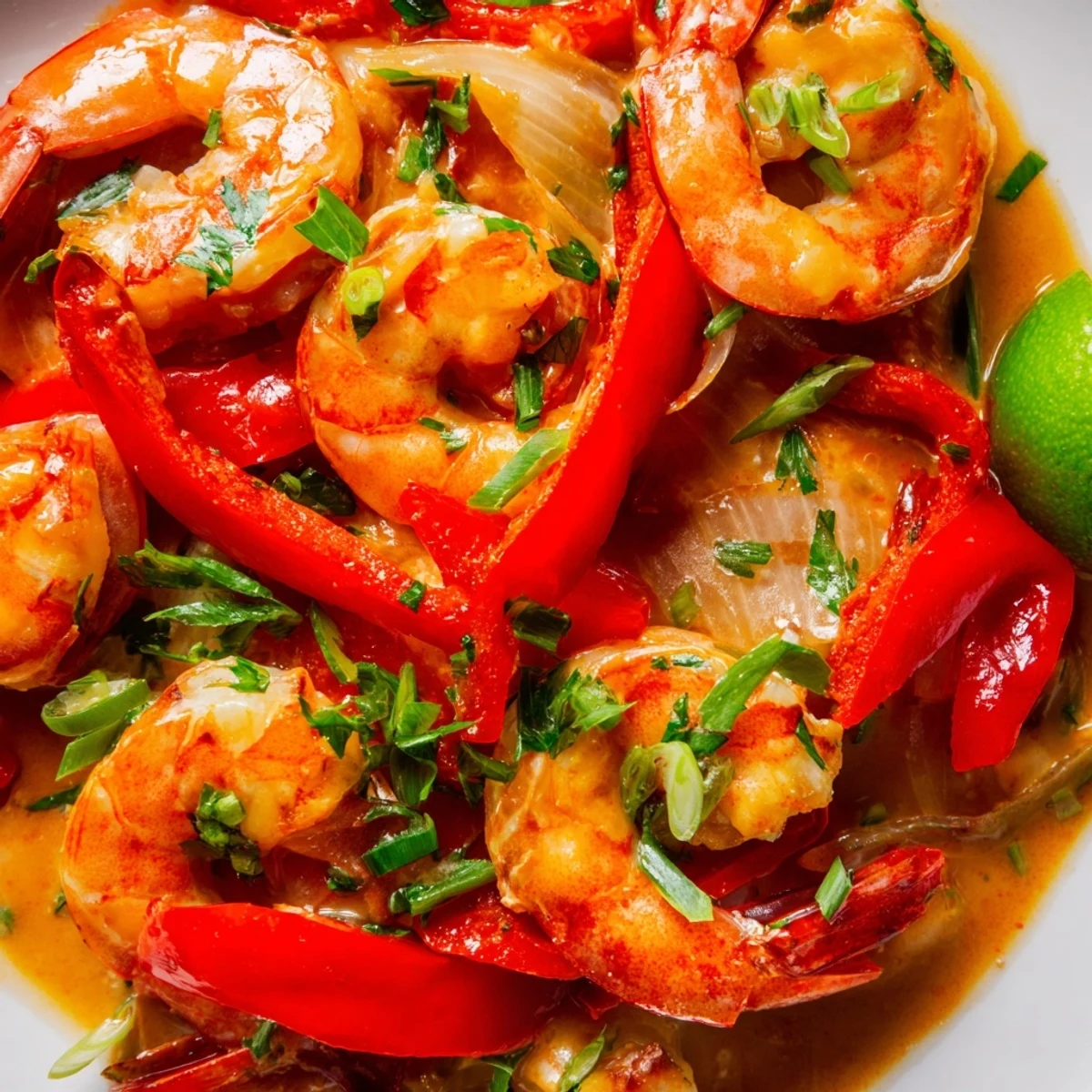 A close-up of Creamy Coconut Shrimp Buffet Style glistening in a rich, velvety sauce.