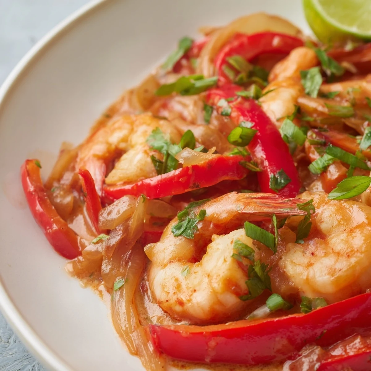 Family-style platter of Creamy Coconut Shrimp Buffet Style with lime wedges and spring onions.