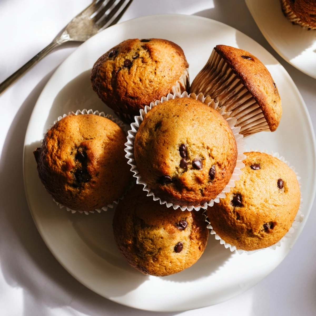 A close-up shot of French Roast Coffee Muffins with mochi flour, featuring visible chocolate chips and a cup of coffee. 