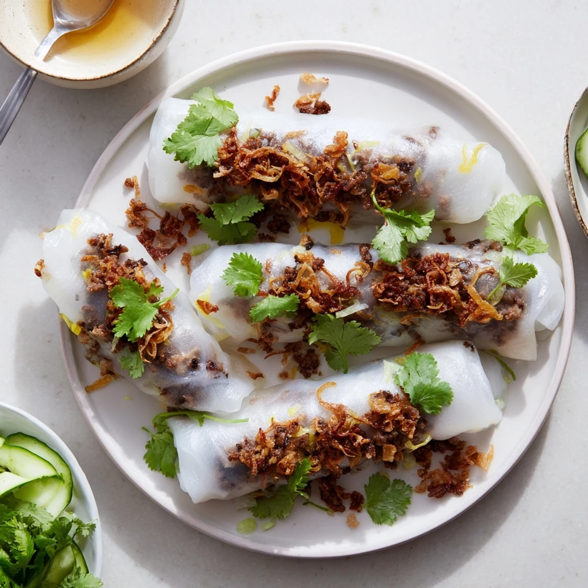 Steamed Banh Cuon rolls garnished with fried shallots, cilantro, bean sprouts, and cucumber beside tangy nuoc cham.