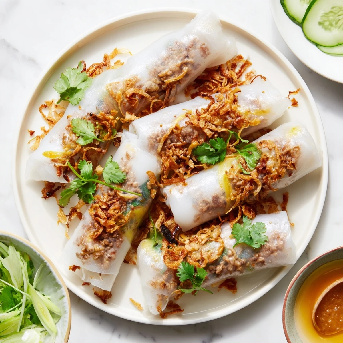 Homemade Banh Cuon served warm with pork filling and a small bowl of Vietnamese dipping sauce.