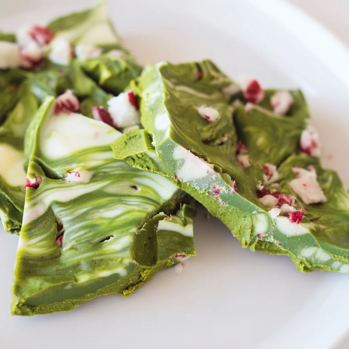 Creamy white chocolate Matcha Peppermint Bark swirled with vibrant green matcha and topped with crushed peppermint candy canes.