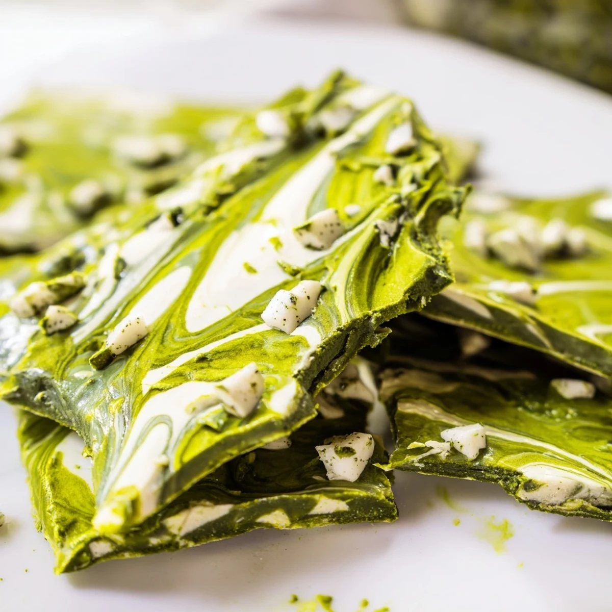 A close-up of Matcha Peppermint Bark pieces on a rustic wooden board, perfect for holiday gifting and festive dessert platters.