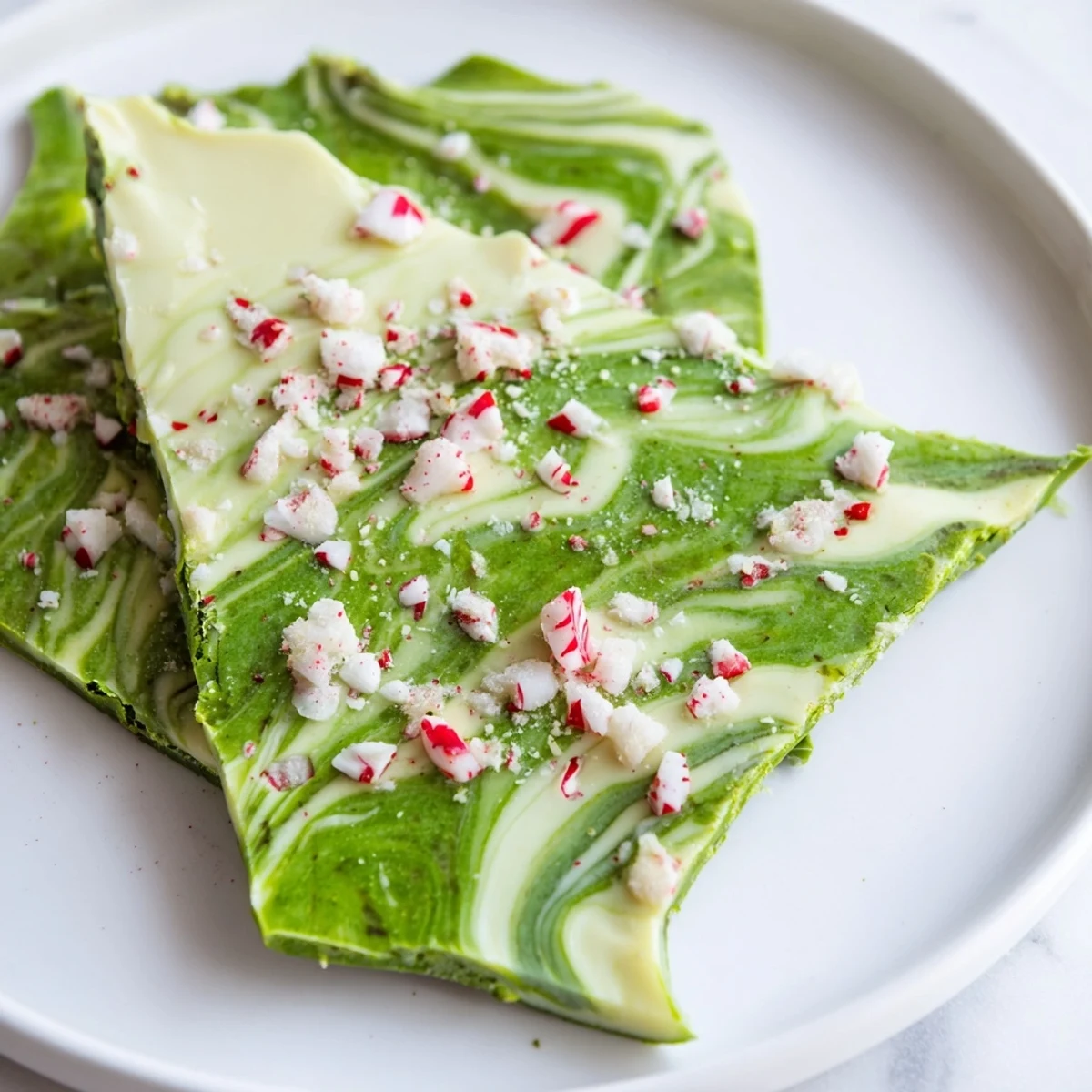 Delicious Matcha Peppermint Bark marbled with earthy matcha and refreshing peppermint extract, broken into shards on a holiday table.