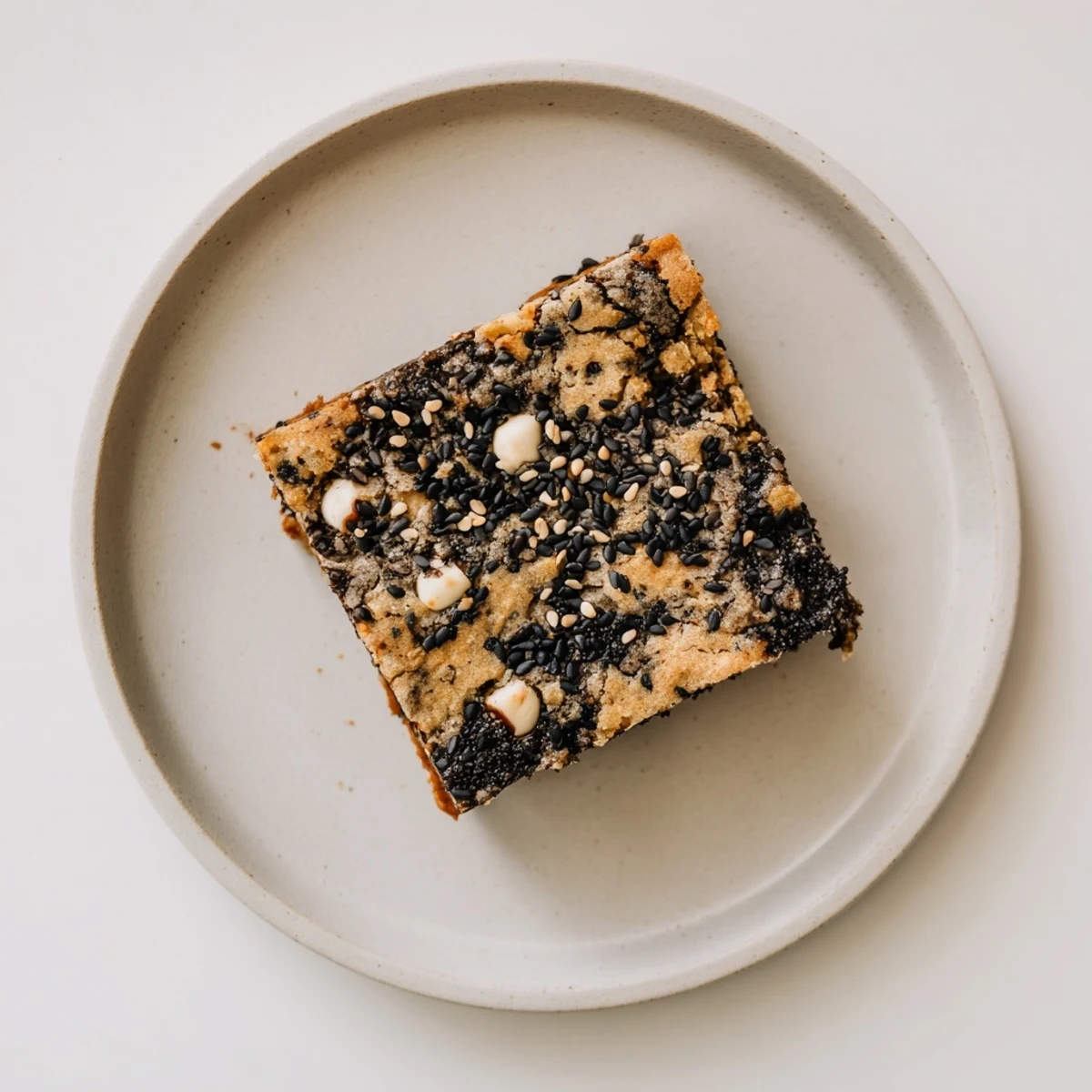 Black Sesame Blondies cut into neat squares on a rustic platter, with white chocolate chips peeking through and a rich, chewy texture.