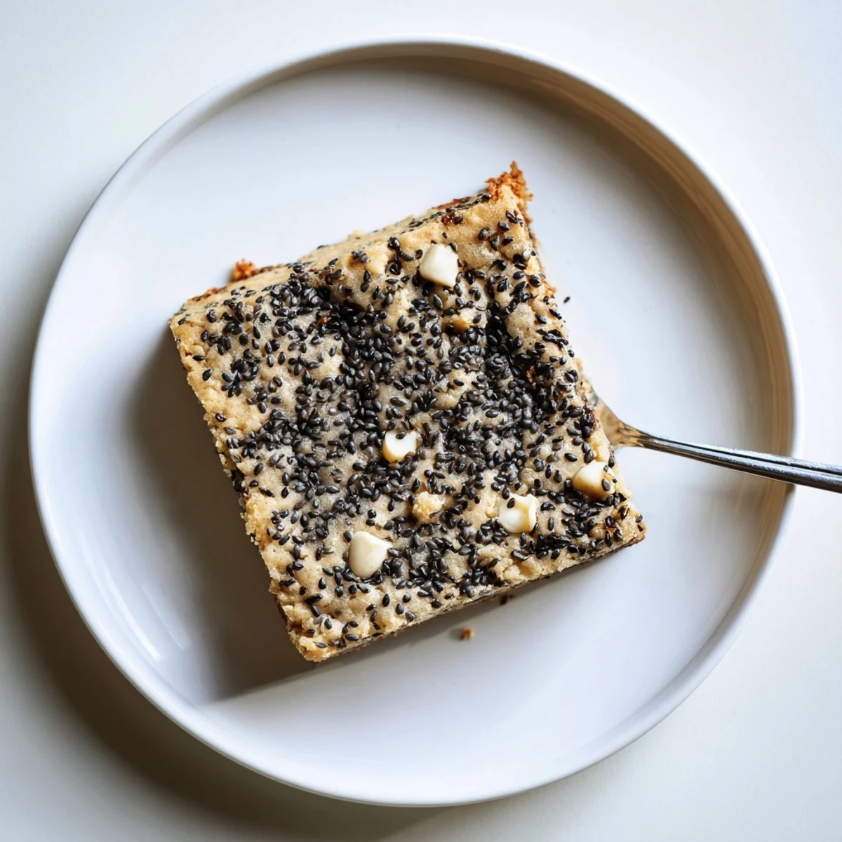 A close-up of Black Sesame Blondies squares showing golden edges, cracked tops, and scattered whole sesame seeds on a wooden surface.