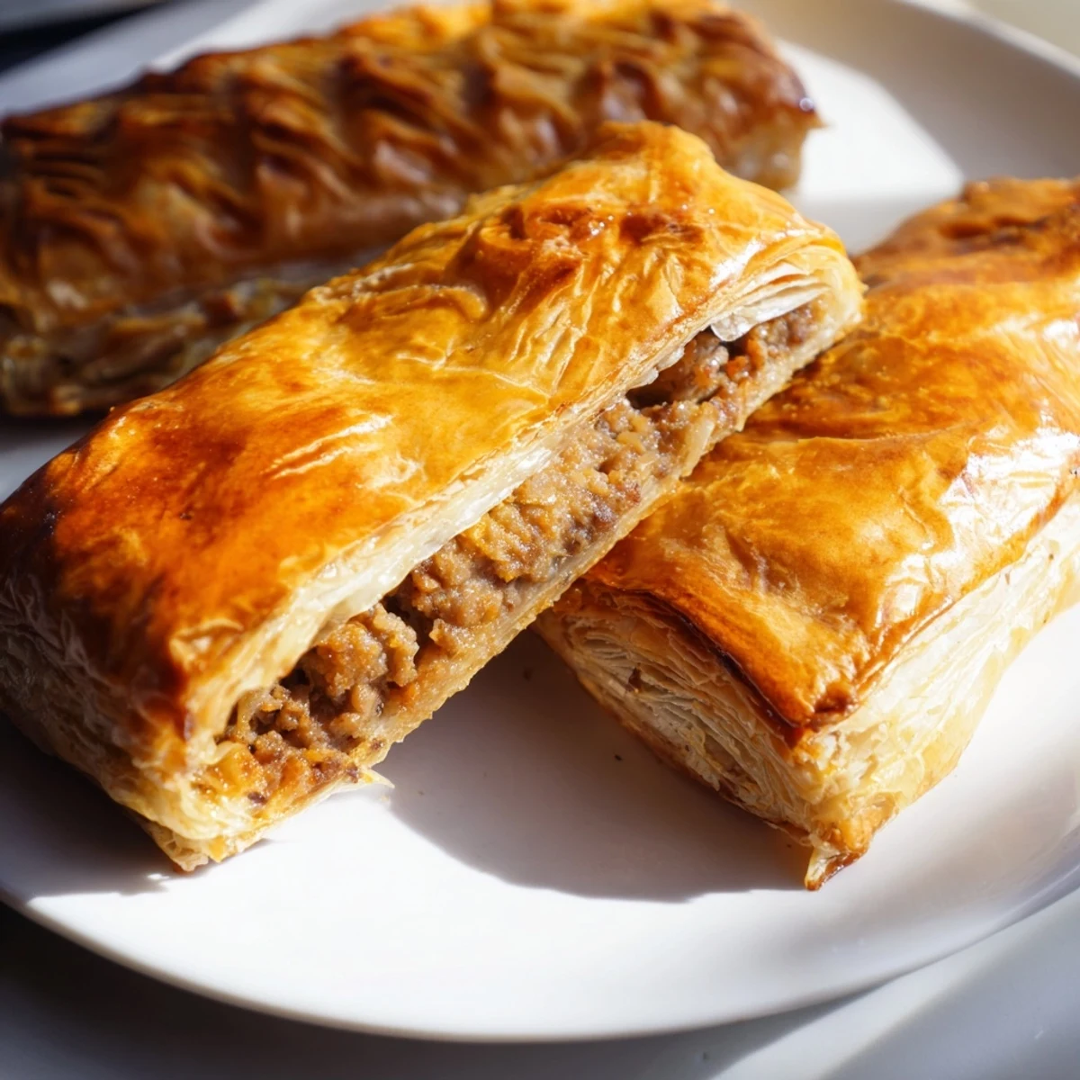 Arranged on a white plate, three Pate Chaud pastries are ready for a party snack, paired with fresh herbs.