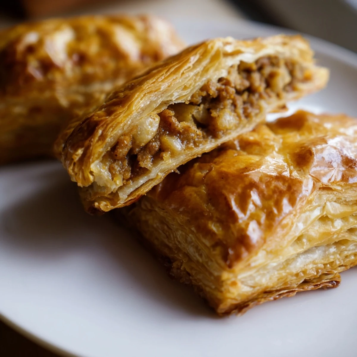 A close-up of flaky Vietnamese Pate Chaud reveals savory pork filling, steam rising from the warm, golden-brown pastry crust.