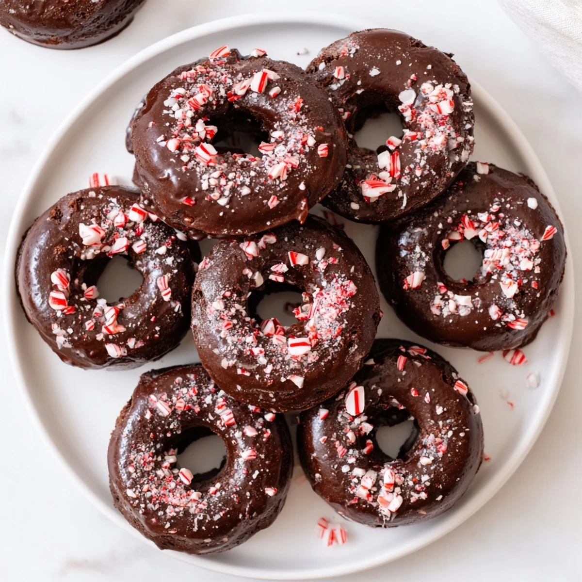Twelve Chocolate Peppermint Mochi Donuts lined up on a wire rack, featuring chewy texture and festive peppermint topping.