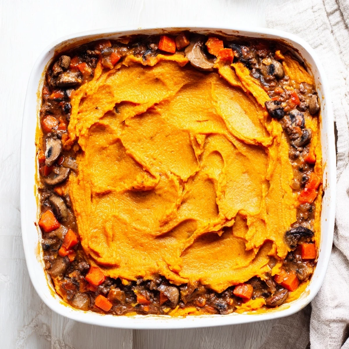 A rustic baking dish holds Beef, Tomato & Mushroom Cottage Pie beside a fresh green salad for dinner.