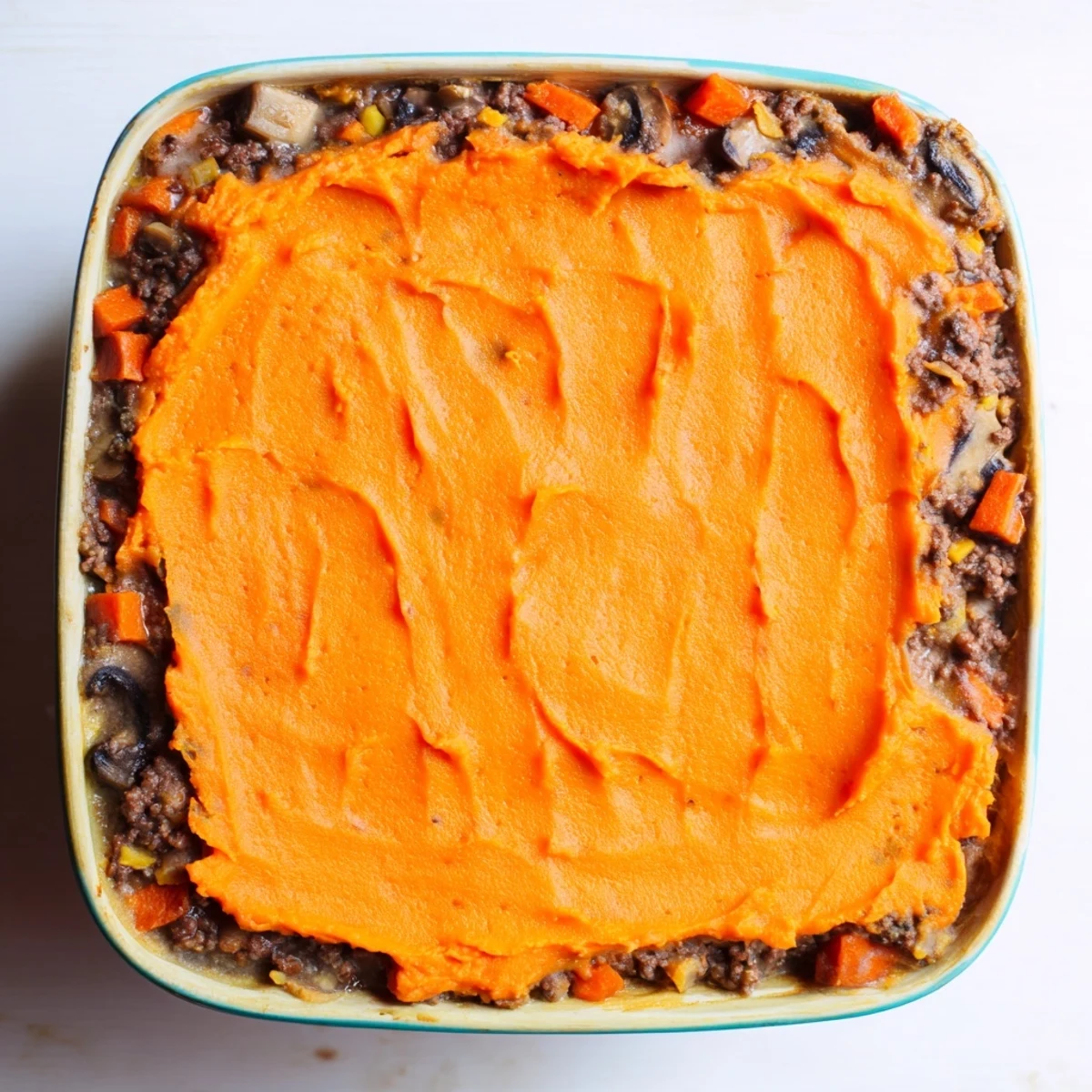 Fresh herbs garnish the Beef, Tomato & Mushroom Cottage Pie, revealing tender beef chunks and creamy sweet potato mash.