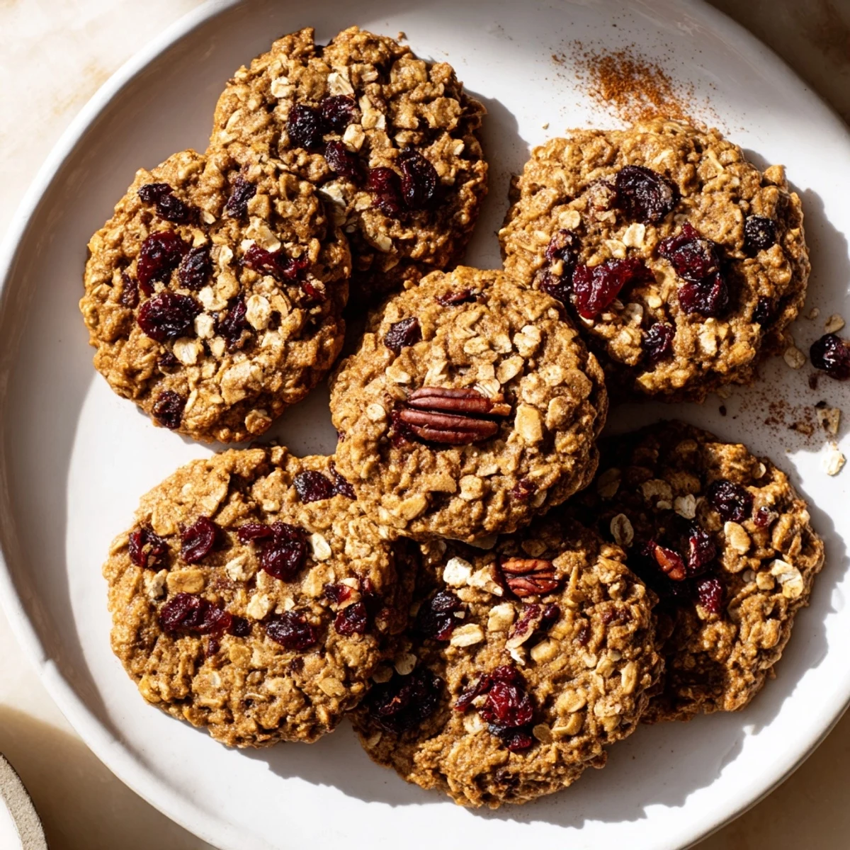 A close-up of Chai Oatmeal Craisin Cookies showing chewy oats and tart dried cranberries.